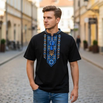 Футболка вышиванка с сине желтой вышивкой мужская Патриот M Черная
