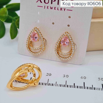 Серьги "Каплинки" с Розовым камнем, 1.8 см, итальянская застежка, Xuping 18K