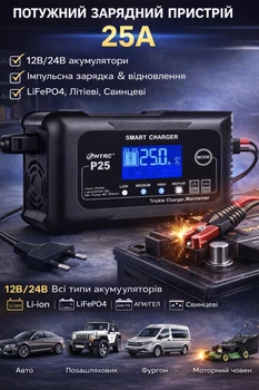 HTRC P25 – зарядное устройство 12 V/24 V, 25 А, импульсная зарядка и восстановление для свинцово-кислотных, литиевых и LiFePO4