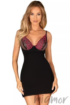 Комбинация сатиновая с кружевным лифом Obsessive Rosenty chemise XL/XXL Черно-розовая