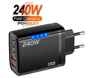 Мережевий зарядний пристрій Блок живлення для телефону Maerknon 240W 2 USB A + 3 USB Type-C Швидке заряджання PD+QC3.0 Блок заряджання для Samsung, IPhone, Xiaomi, Redmi, Huawei, Realme 683 Black
