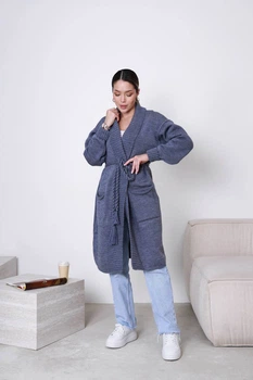 Жіночий в'язаний кардиган з поясом синього кольору 36959 One Size