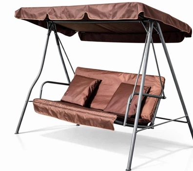 Садовая качель Comfort 3-местная с навесом и матрасом, с 2 подушками, коричневая, качели для дачи, сада и зоны отдыха