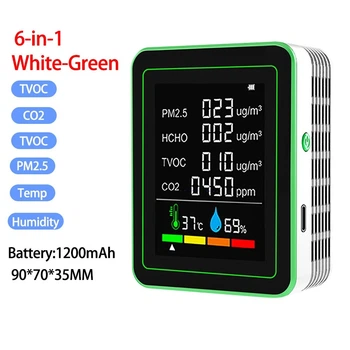 Анализатор качества воздуха 6в1 PM2.5 PM10 CO CO2 TVOC HCHO с аккумулятором AQD-01 Green White