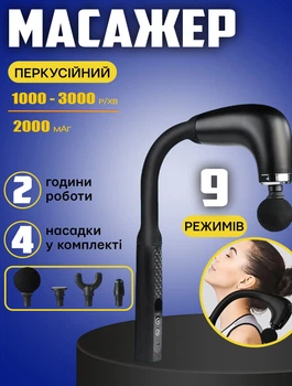 Ручной массажер для тела Fascial Gun 2000 мАч перкуссионный пистолет с 4 насадками для спины и шеи Черный
