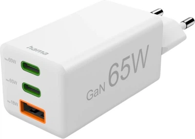 Ładowarka sieciowa Hama 2 x USB Type-C + 1 x USB Type-A GaN 65 W White (4047443516565)