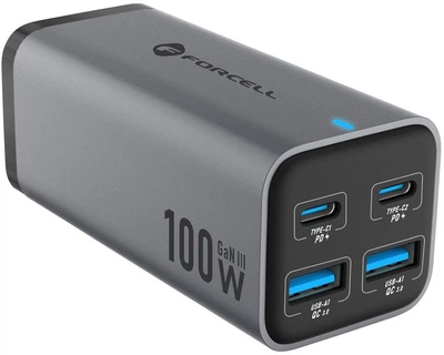 Мережевий зарядний пристрій Forcell VT-49 2 x USB Type-C + 2 x USB Type-A GaN III 100 Вт Grey (5903396299094)
