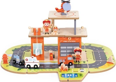 Drewniany zestaw do zabawy EcoToys Garaż straży pożarnej 2 w 1 1089 (5905817007004)