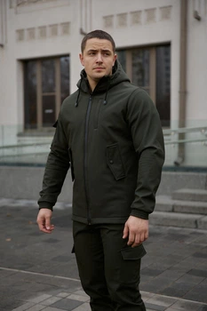 Мужская куртка Intruder Softshell удлиненная с защитой горла водоотталкивающая с капюшоном и с 4 карманами хаки/S