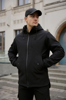 Мужская куртка Intruder Softshell удлиненная с защитой горла водоотталкивающая с капюшоном и с 4 карманами чёрная/2XL