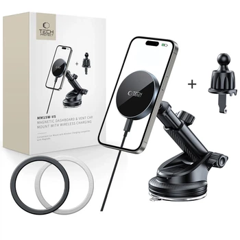 Автодержатель с функцией беспроводной зарядки Tech-Protect MM15W-V5 Magnetic Dashboard & Vent Car Mount 15W Black with MagSafe (5906302361045)