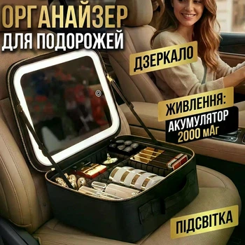 Косметичка органайзер с зеркалом и подсветкой, Черная