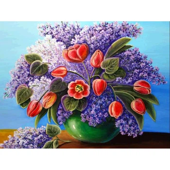 Алмазна мозаїка Тюльпани та бузок 40x30 см DM-204 Повна зашивання. Набір алмазної вишивки