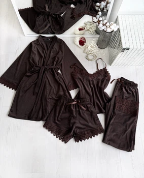 Комплект жіночий четвірка халат майка шорти штани Amelia Collection XL коричневий