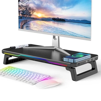 Подставка для монитора Onvyx RGB с беспроводной зарядкой Qi и USB-хабом 3×USB, эргономичная подставка для ПК и ноутбука Черная