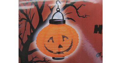 Світильник-ліхтар Halloween паперовий з LED (помаранчевий гарбуз, 20 см, на батарейках, on/off, з гачком)