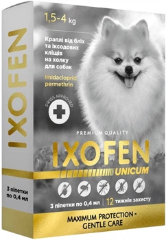 Капли на холку Unicum Ixofen от блох, иксодовых клещей и комаров для собак до 4 кг 3 пипетки х 0.4 мл (4820275973191)