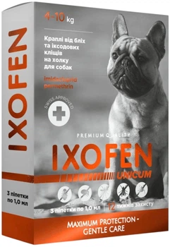 Капли на холку Unicum Ixofen от блох, иксодовых клещей и комаров для собак 4-10 кг 3 пипетки х 1 мл (4820275973207)