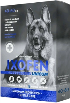 Капли на холку Unicum Ixofen от блох, иксодовых клещей и комаров для собак 40-60 кг 2 пипетки х 6 мл (4820275973238)