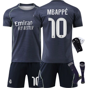 Комплект футбольная форма детская Real Madrid Mbappe (Мбапе) 10 с гетрами (размер 34-38) и щитками размер 28 рост 150-155 см темно-синий