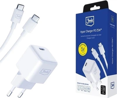 Ładowarka 3mk Hyper Ultra Mini GaN 25W PD, QC3.0, PPS + kabel USB Type-C 1.2 m White (155662)