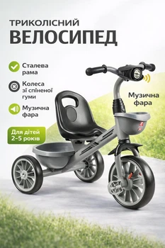 Біговел дитячий велобіг триколісний велосипед для дітей EVA колеса 10" знімні педалі музична фара зі світлом і музикою українською та англійською металева рама легкий міцний для навчання від 2 років для хлопчика дівчинки стійкий сірий