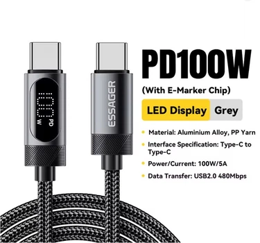 Кабель Essager 100W EXCTT1-ML0G-P Type-C – Type-C 1м з дисплеєм, PD 5A, E-Marker чип, швидка зарядка, USB-C