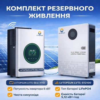 Комплект резервного питания LVTOPSUN Гибридный инвертор LVTS-6К-HYD 6 кВт и Аккумулятор LVTOPSUN LVTS‐512100 5,12 кВт·ч LiFePO4