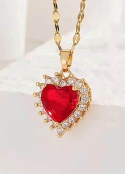 Цепочка женская с кулоном сердцем с красным камнем Fashion Jewelry Золотистая 19403