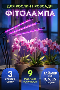 Фітолампа для рослин LED повний спектр 30W 3 лампи з таймером, лампа для розсади та квітів