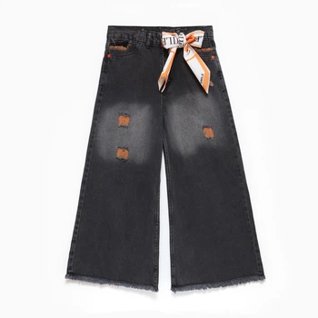 Стильні широкі джинси baggy jeans, палаццо графітового кольору з ефектом вицвітання, градієнтом, та декоративними елементами зріст 140 см