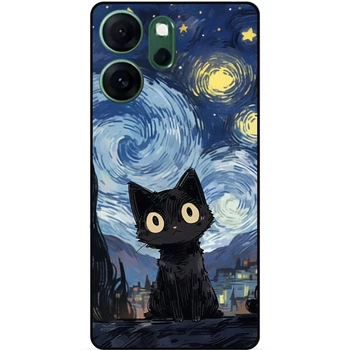 Силиконовый бампер чехол Candy для Oppo Reno 14F с рисунком Котик Звездная ночь Ван Гог