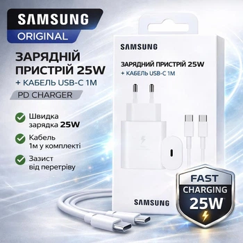 Зарядний пристрій Sumsung 25W ORIGINAL быстрая зарядка Type-C/Type-C оригинальный Білий