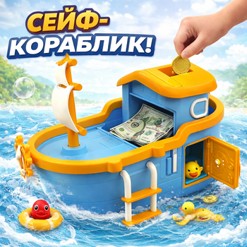 Дитячий сейф-скарбничка Корабель Yoho 25 см — електронна скарбничка для купюр і монет, блакитний