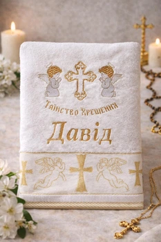Крижма з іменною вишивкою Давід «Таїнство Хрещення», янголи — 70×140 см