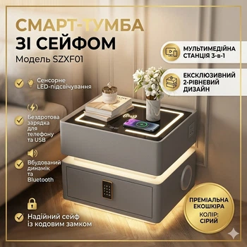 Смарт-тумба прикроватна YJXF01 із сейфом, LED-підсвічуванням та USB, мультимедійна станція 3-в-1, сірий, екокожа/закалене скло