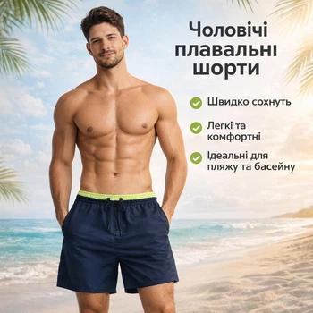 Чоловічі плавальні шорти для купання та пляжу темно-сині з неоновим поясом швидковисихаючі (р. 3XL)
