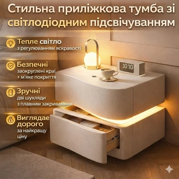 Прикрованная тумба из экокожи с LED-подсветкой и двумя выдвижными ящиками (света)
