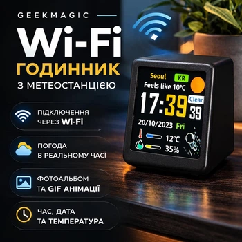 Wi-Fi годинник з метеостанцією GeekMagic Ultra (Версія -Ultra) з кольоровим дисплеєм, підтримка GIF/JPG, фотоальбом, прогноз погоди, Чорний