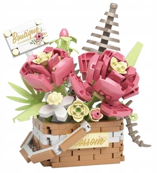 Конструктор цветочная корзина Pink Tenderness серия Flower Basket Романтическая встреча 395 деталей
