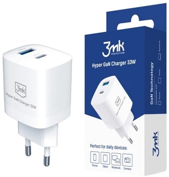 Мережевий зарядний пристрій 3MK Hyper GaN Charger 33 W 1 x USB-A + 1 x USB Type-C Power Delivery (5903108483049)