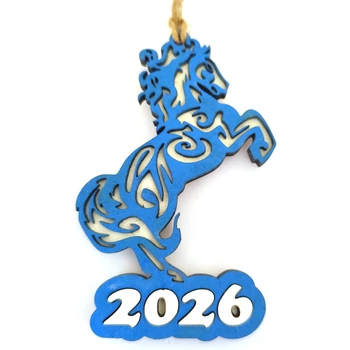 Новорічна іграшка "Рік Коня 2026" з магнітом 10х6.5 см Синій ХДФ