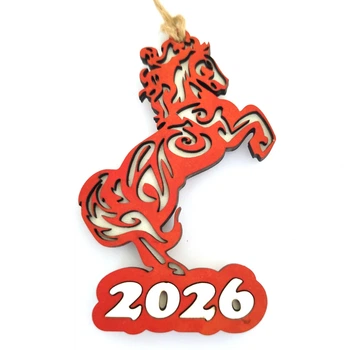 Новорічна іграшка-магніт "Рік Коня 2026" з магнітом 10х6.5 см Червоний ХДФ