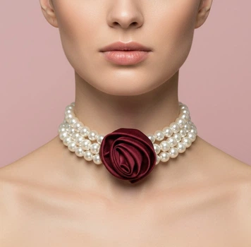 Перлинний чокер «Royal Rose» з об’ємною атласною квіткою Honey Fashion Accessories бордовий (120370)