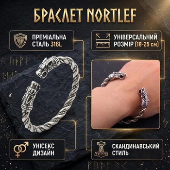 Скандинавский браслет «Волчий Торк» NortLef, 18-25 см, серебристый