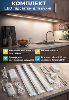 Підсвітка LED під кухонні шафи MYPLUS, комплект меблевих світильників 3 панелі по 30см, з димером, холодне світло 6000K