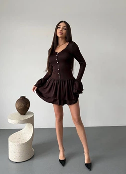 Эластичное платье клеш мини коричневого цвета 37172 42/44