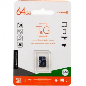 Карта пам'яті T&G MicroSDXC UHS-3, 64 Гб., Чорний - 343452