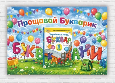 Бумажный плакат "Прощай, букварь, разноцветные шарики" на праздник Букваря. День Букваря 110х75 см
