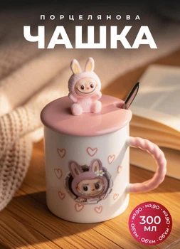 Порцелянова чашка з кришкою і ложкою 300 мл Labubu прикольна кружка для дітей лабубу подарунок на новий рік Рожевий